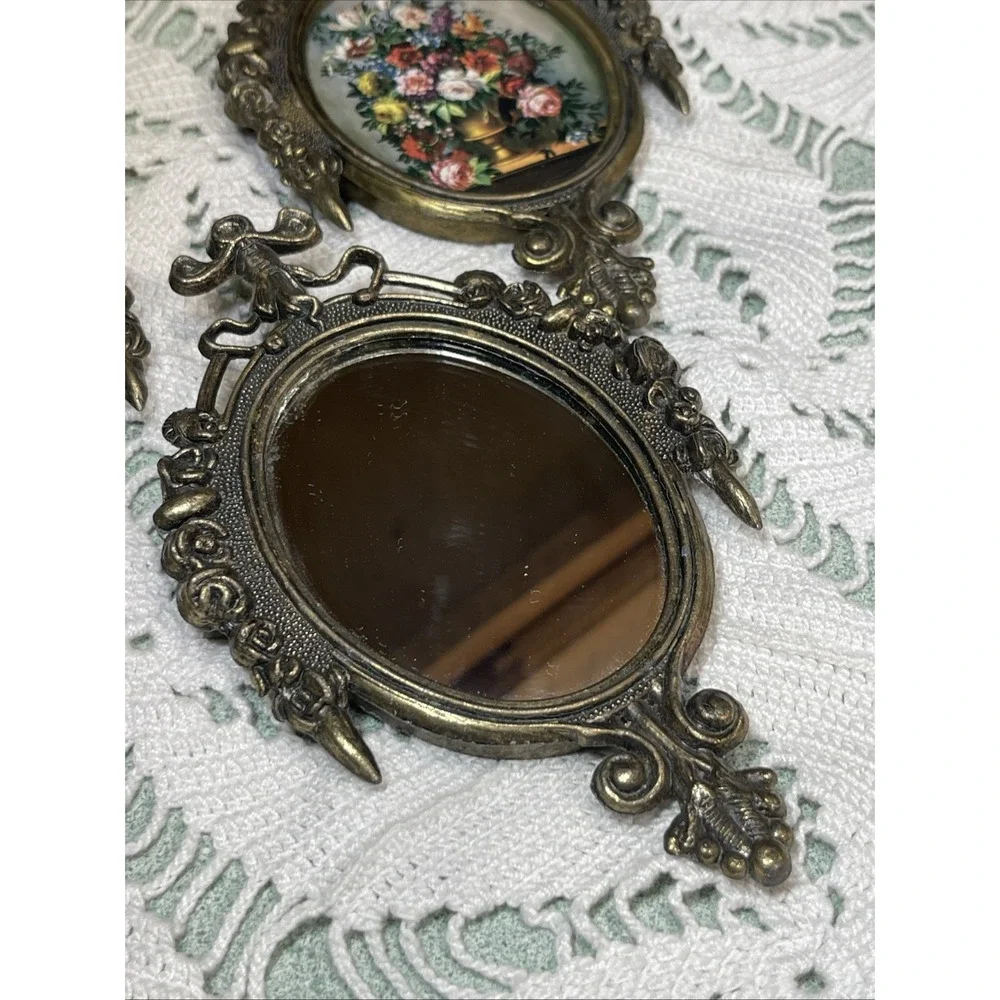 Vintage Victorian Brass Ornate Frames Floral Art and Mirrors Italy Set of 3